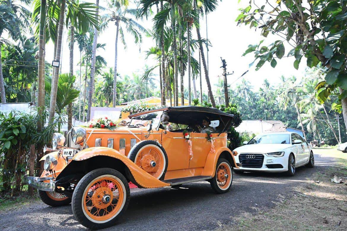 Vintage Ford Tourer Style Orange Convertible Wedding Car