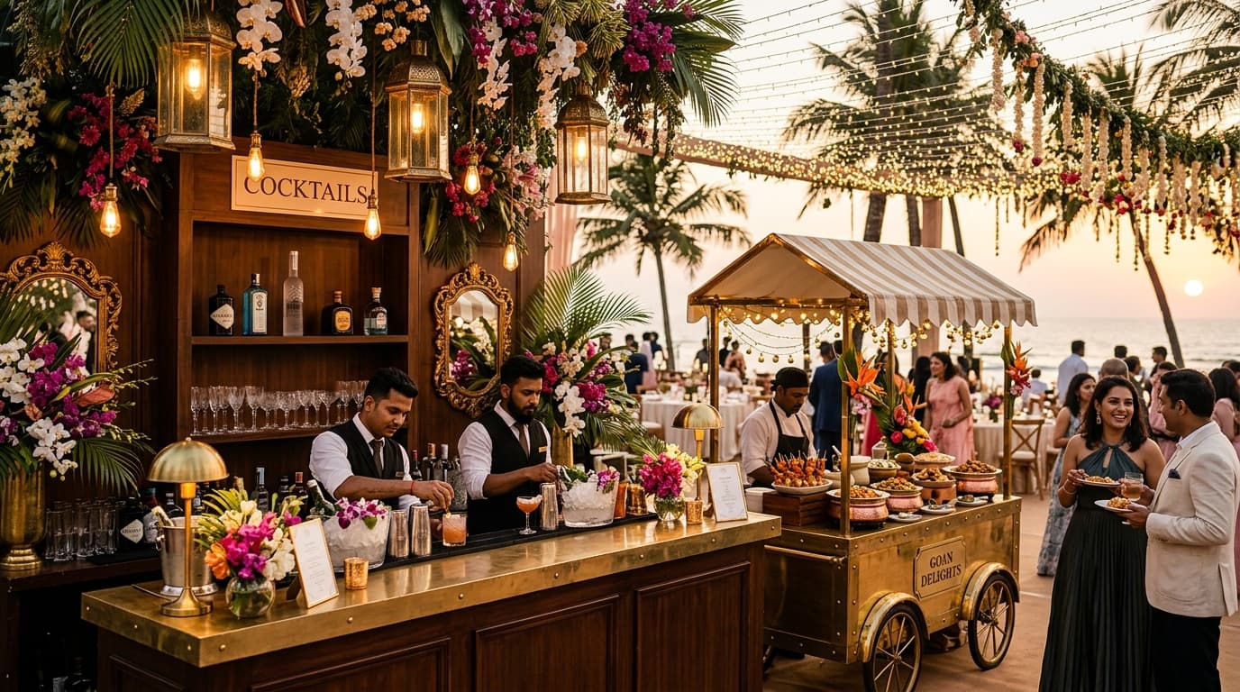 Luxury Bar Counter & Gourmet Food Carts at Goa Wedding