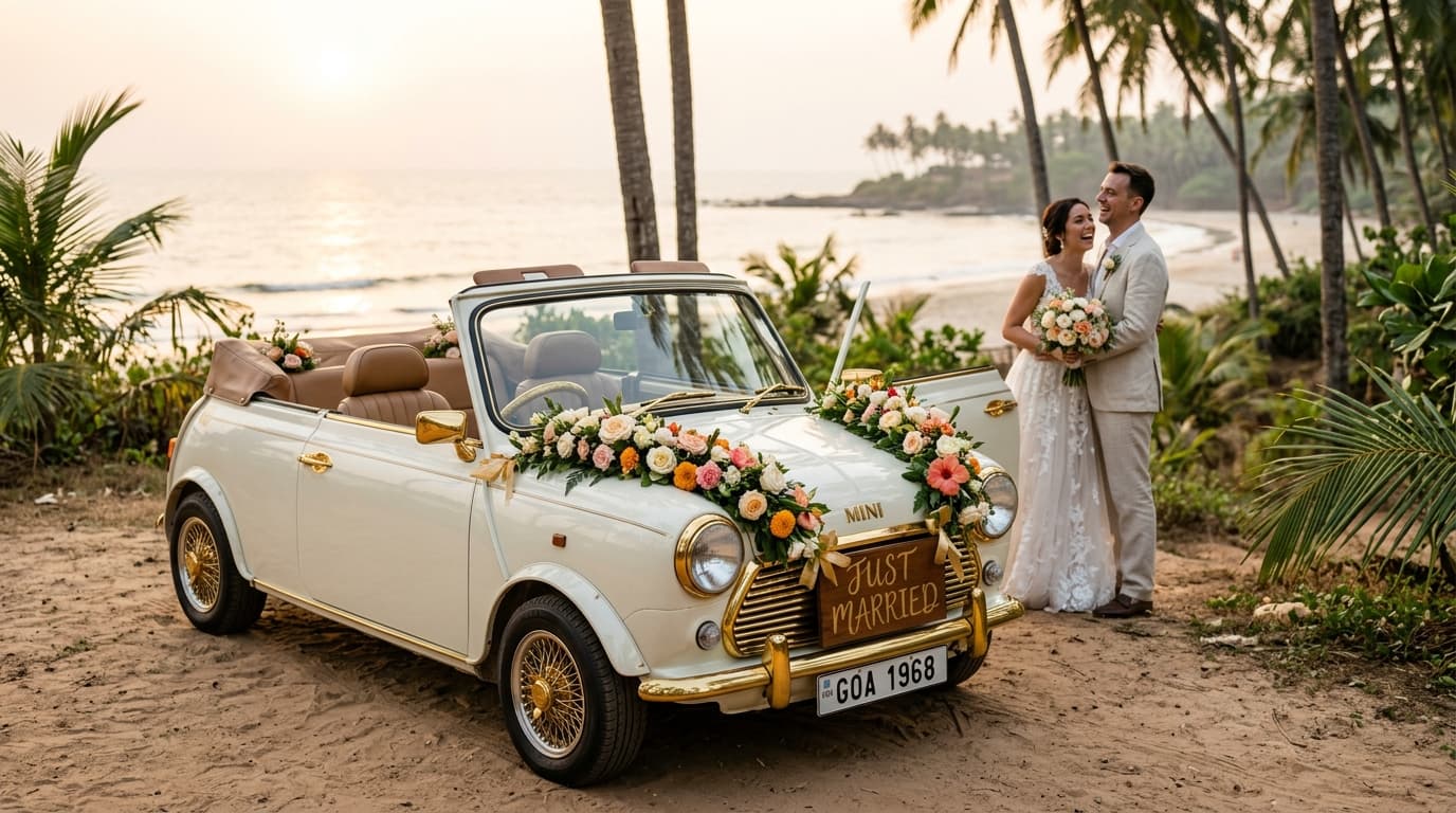 Vintage Convertible Mini Cooper Wedding Couple Shoot on Goa Beach